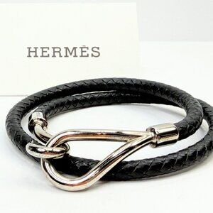 Vintage Hermès Black Braided Leather Jumbo Hook Double Tour Bracelet Choker GS74
